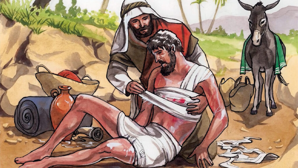 Loving your neighbor: Good Samaritan loving a wounded man