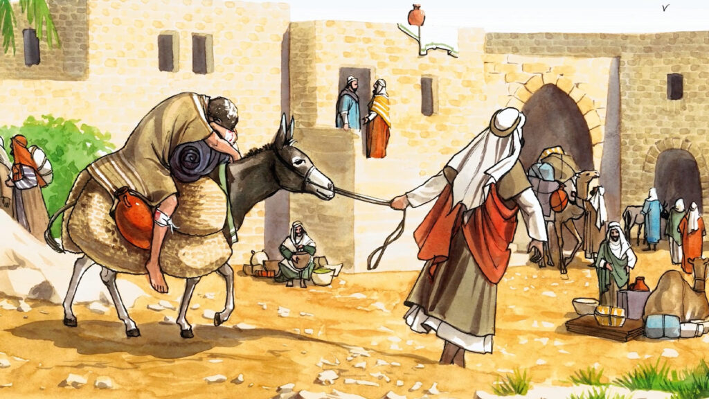 Loving your neighbor: Good Samaritan carrying a wounded man