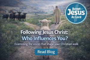 Sheep choosing between bad influence and good shepherd representing following Jesus Christ