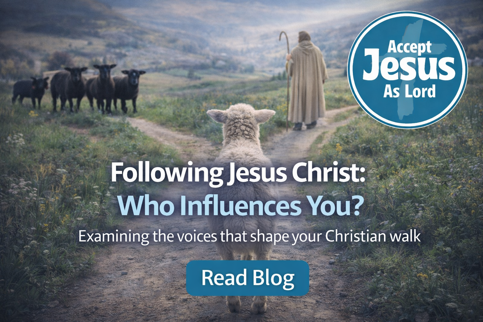Sheep choosing between bad influence and good shepherd representing following Jesus Christ